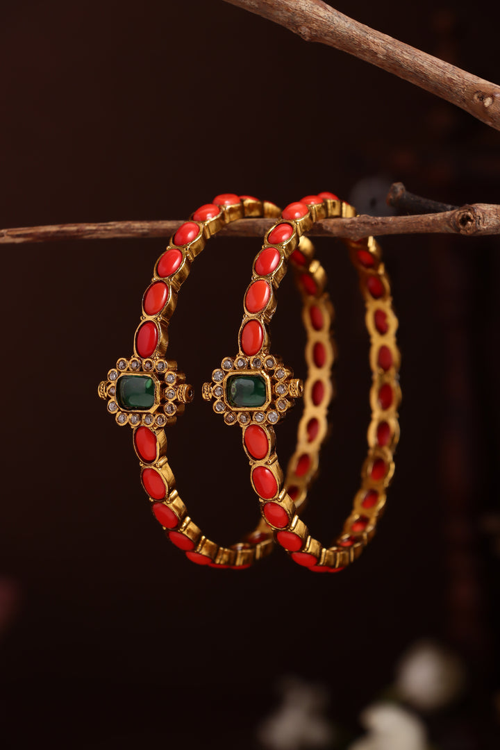 Coral Green Stone Bangle ( Set of 2 )