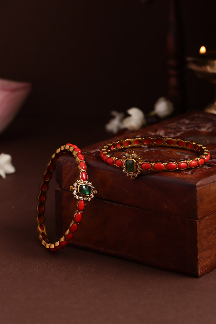 Coral Green Stone Bangle ( Set of 2 )