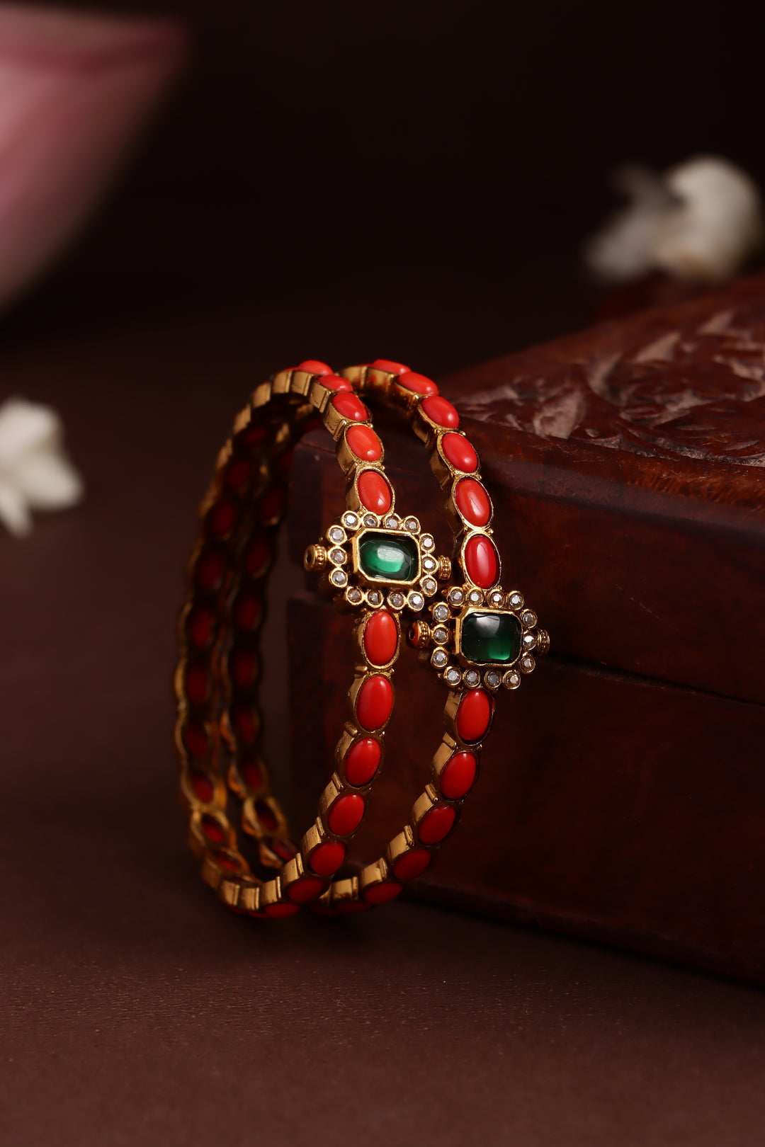 Coral Green Stone Bangle ( Set of 2 )