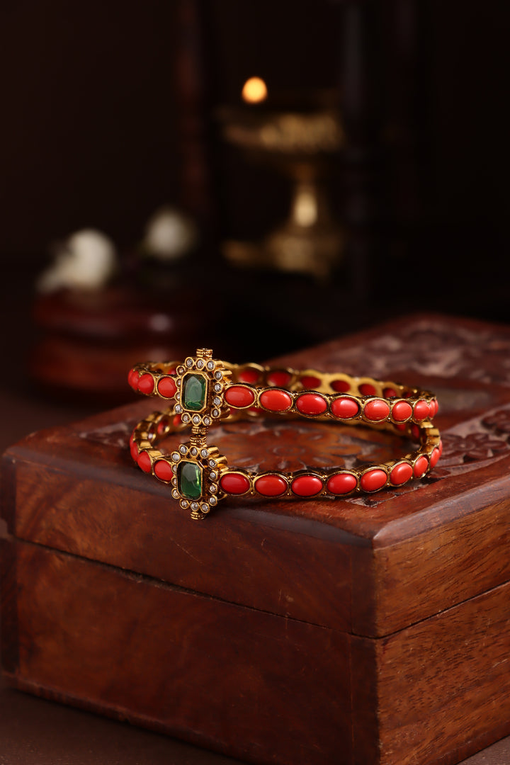 Coral Green Stone Bangle ( Set of 2 )
