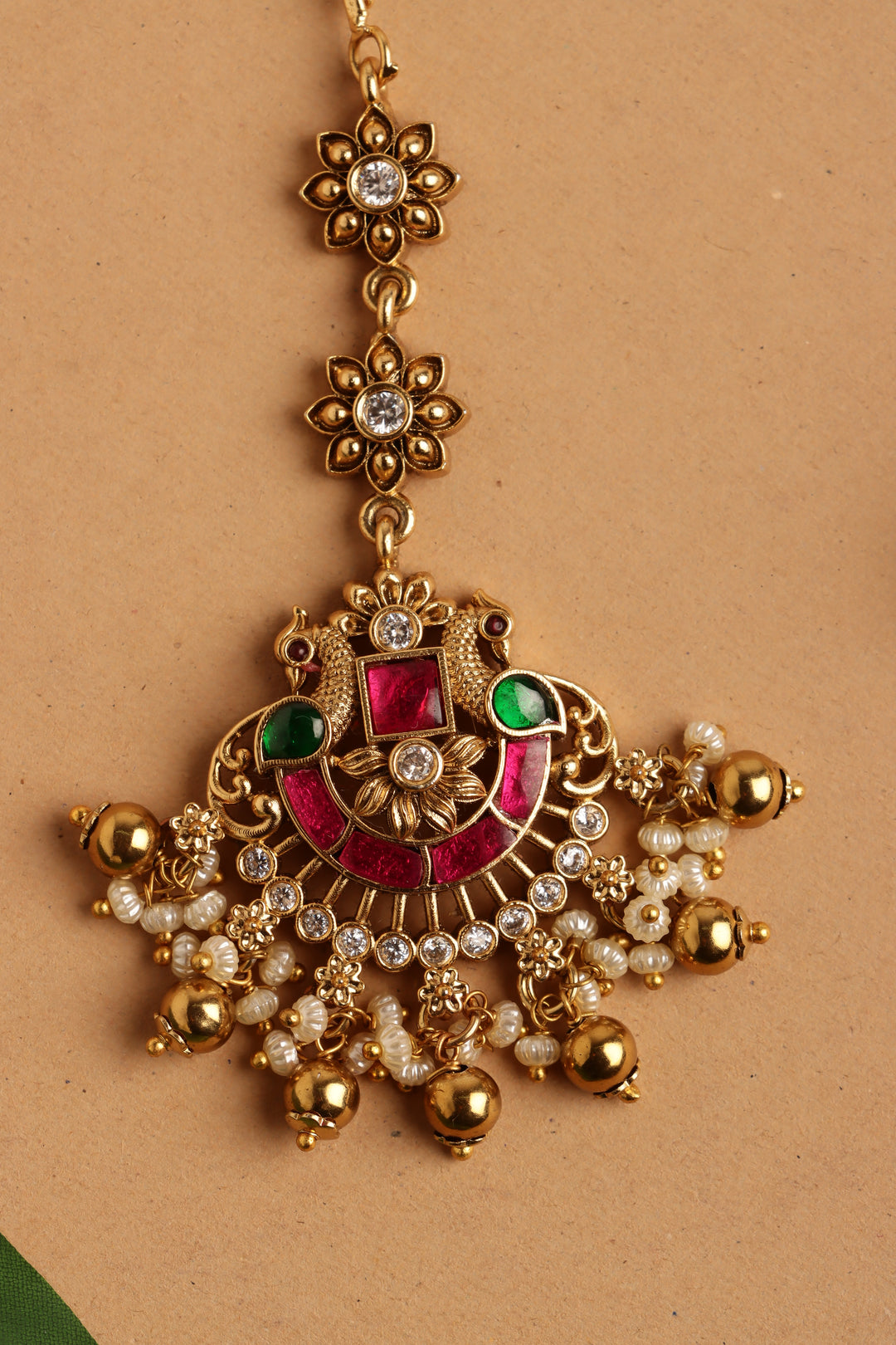Twin Peacock Bridal Maangtikka - Pearls