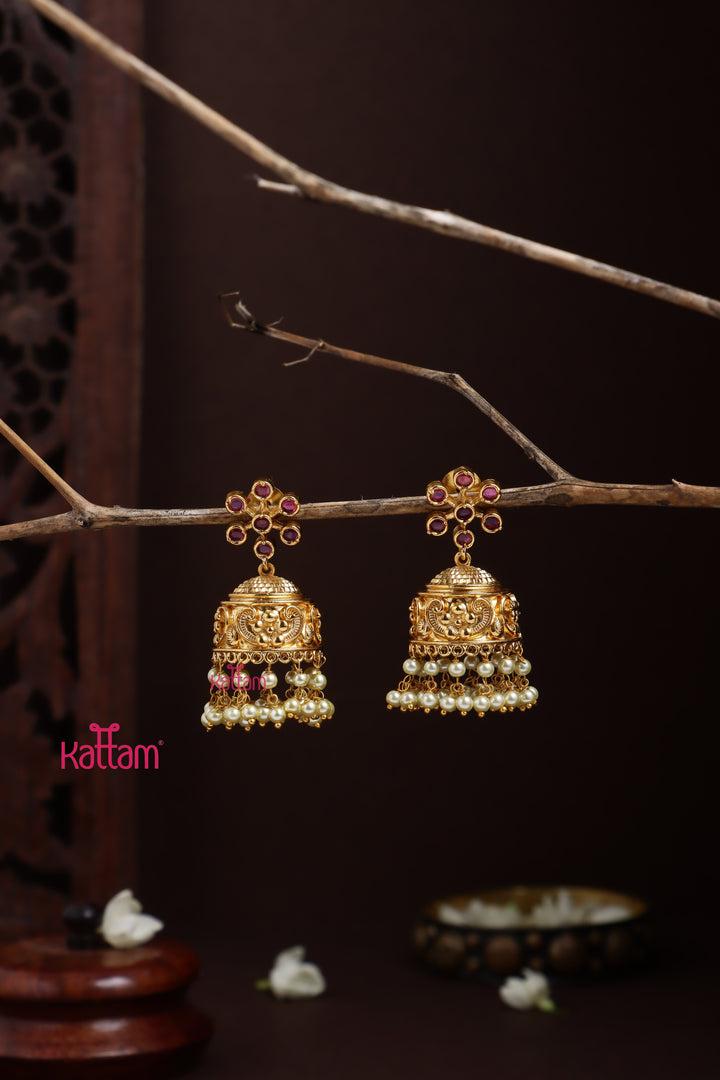 Flower Patterned Pearl Jhumka - Ruby