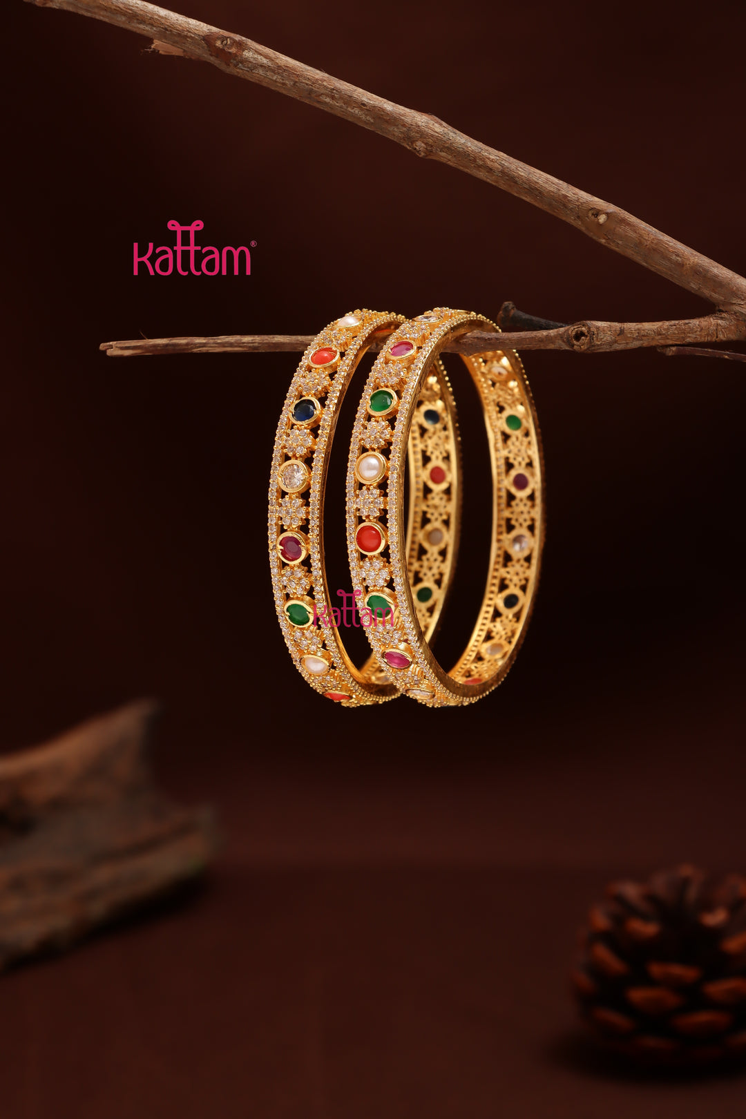 Navarathna Stone Flower Bangle (Set of 2)