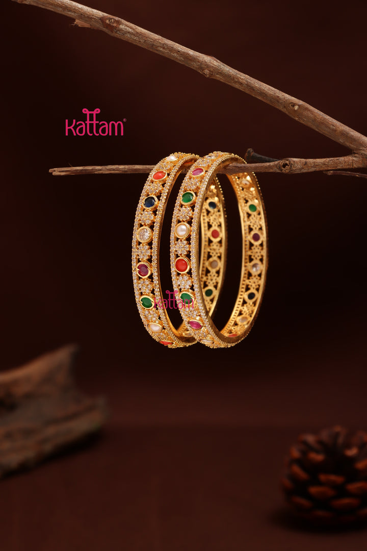 Navarathna Stone Flower Bangle (Set of 2)