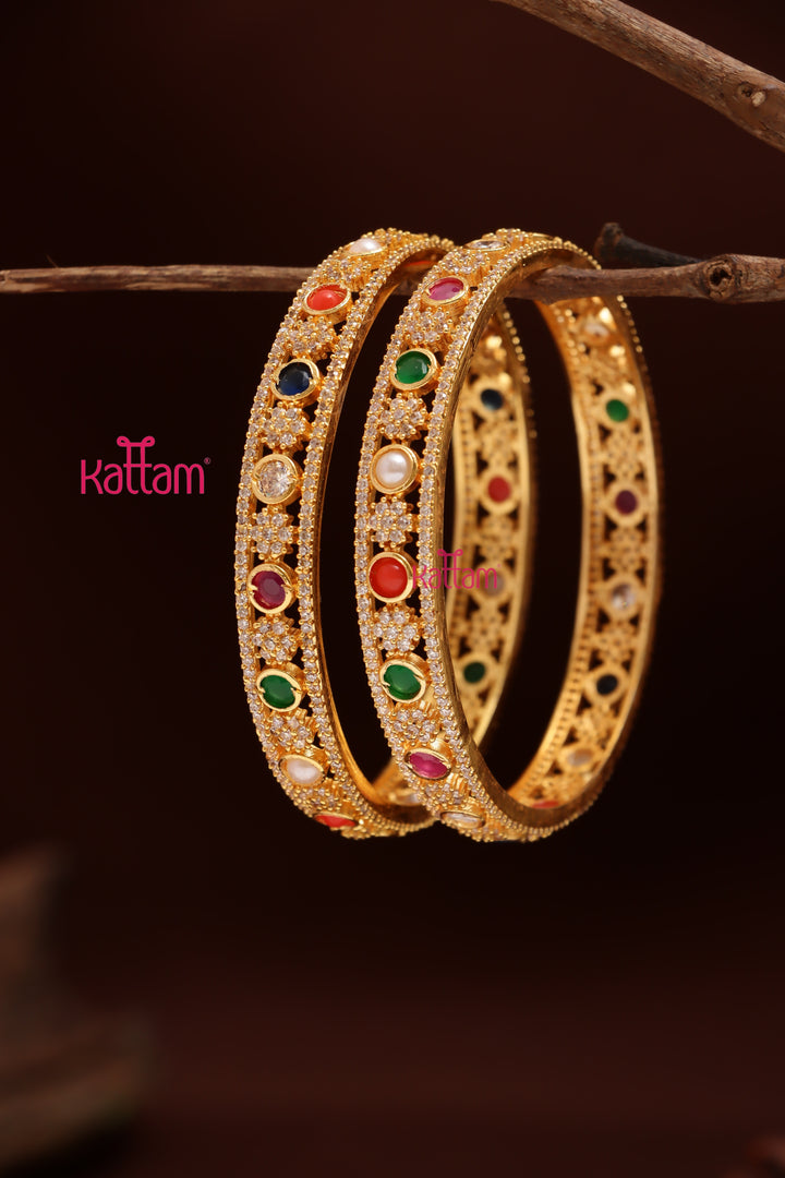 Navarathna Stone Flower Bangle (Set of 2)