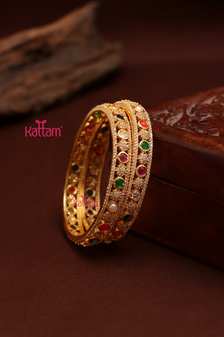 Navarathna Stone Flower Bangle (Set of 2)