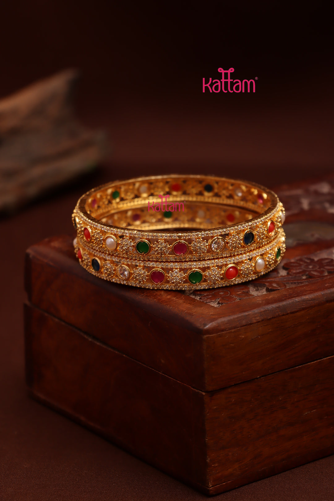 Navarathna Stone Flower Bangle (Set of 2)