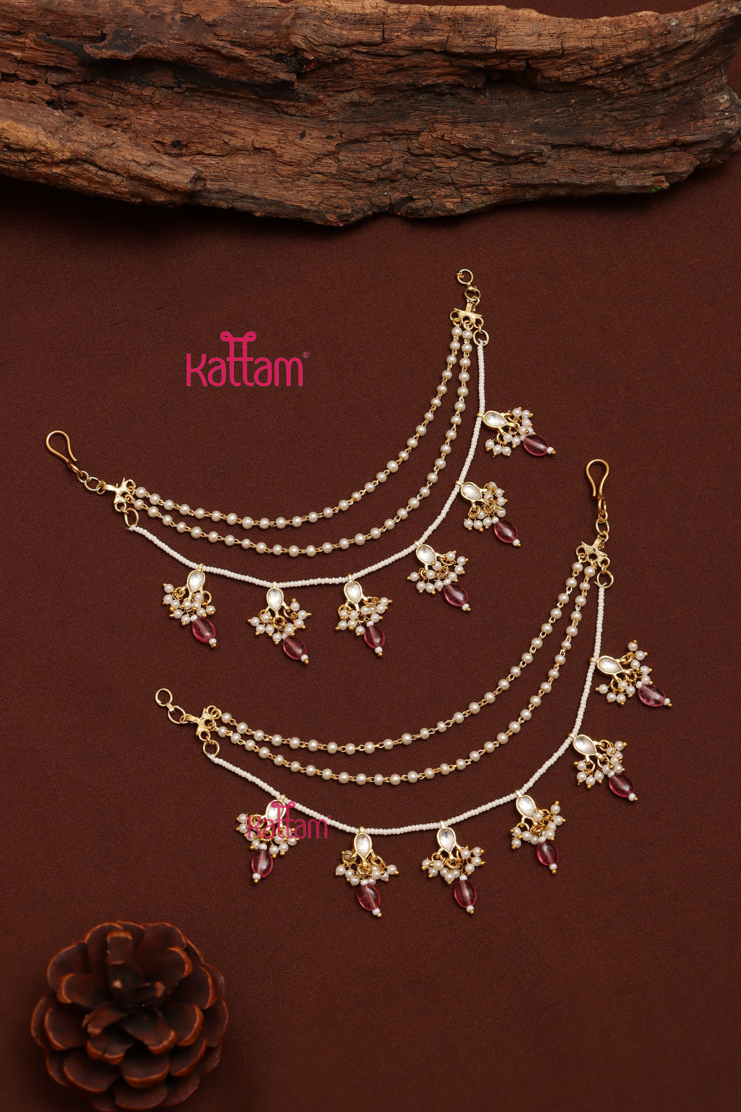 Meenakari Pearl Earchain - Pink