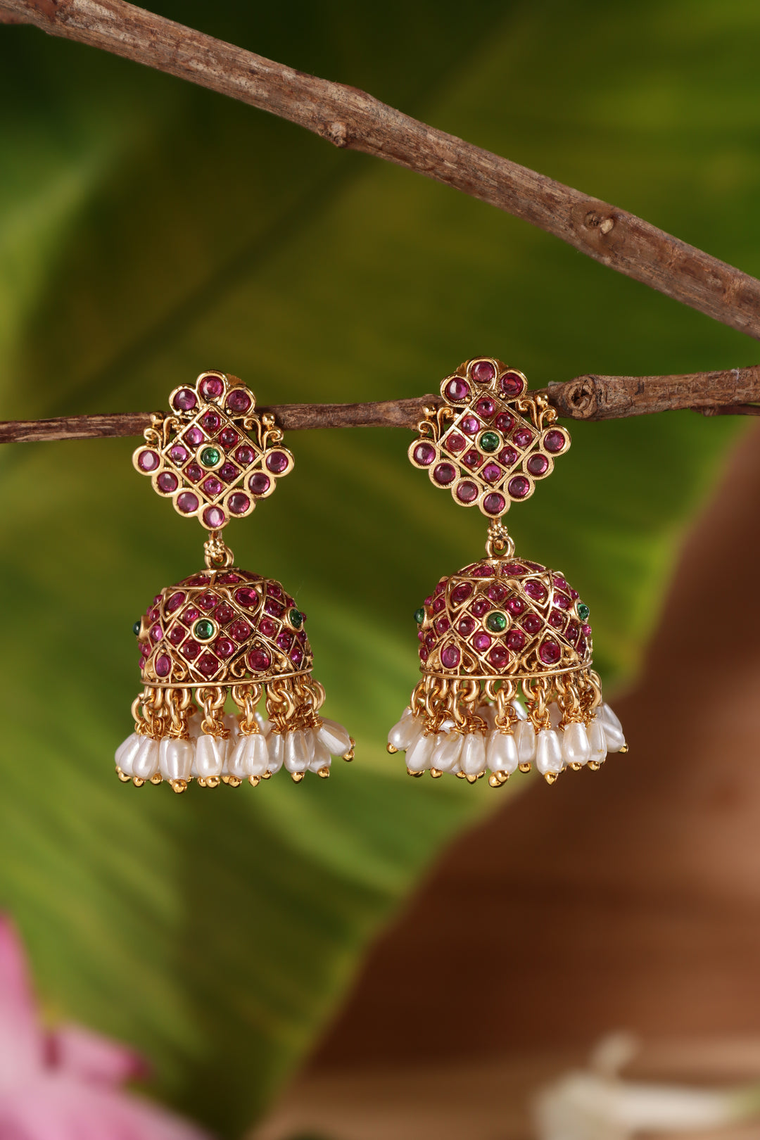 Motif Patterned Rice pearl Jhumka