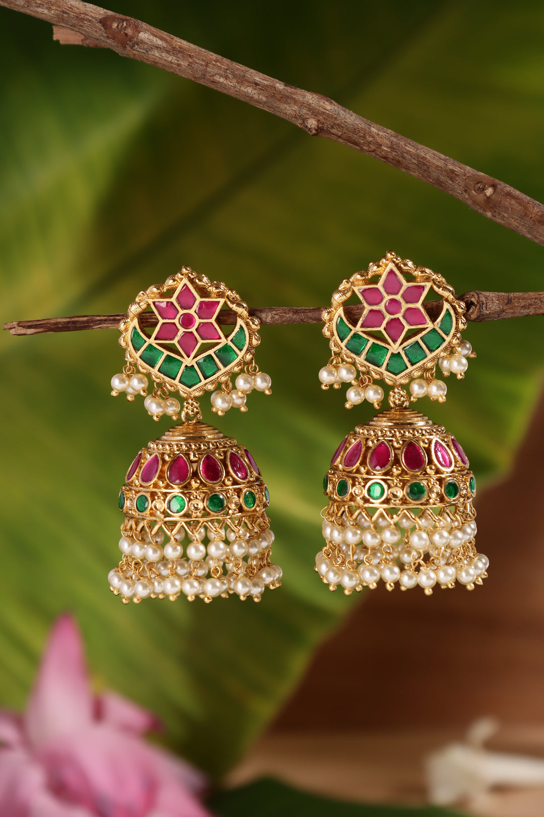 Thenmozhi - Halfmoon Pearl Rubygreen Jhumka