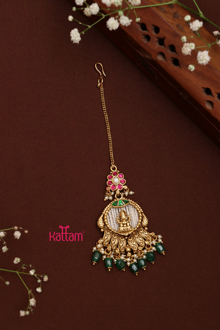 Lakshmi Beaded Maang Tikka - Green Bead