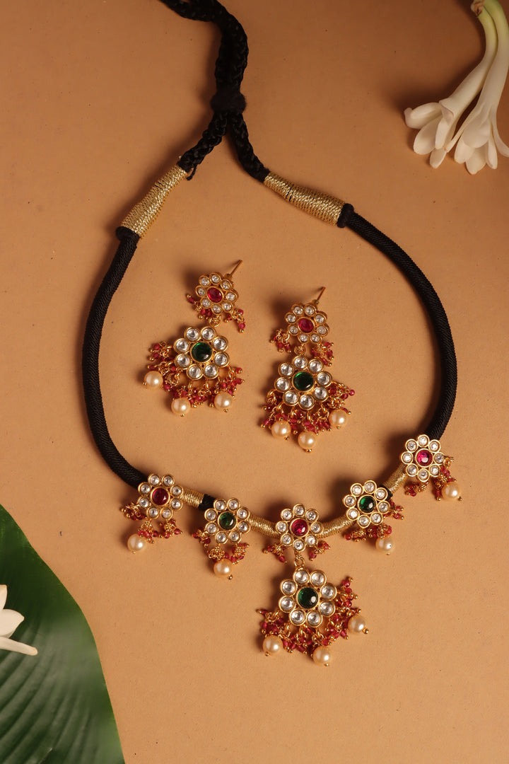 Handmade Five Flower Black Thread Choker