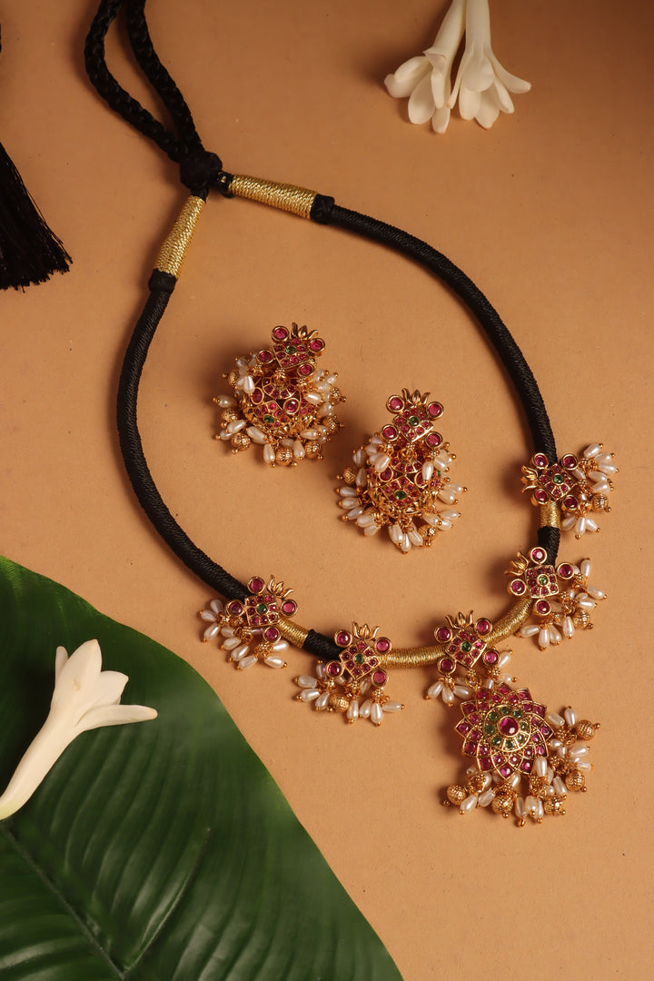 Handmade Flower Pearls Black Thread Choker