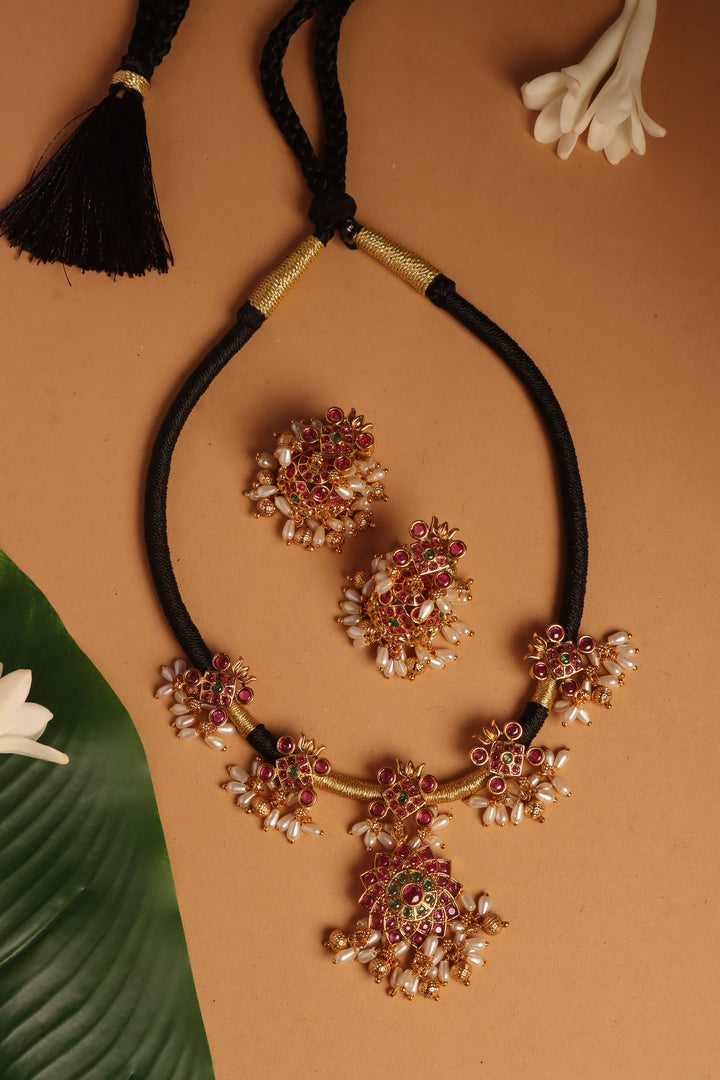 Handmade Flower Pearls Black Thread Choker