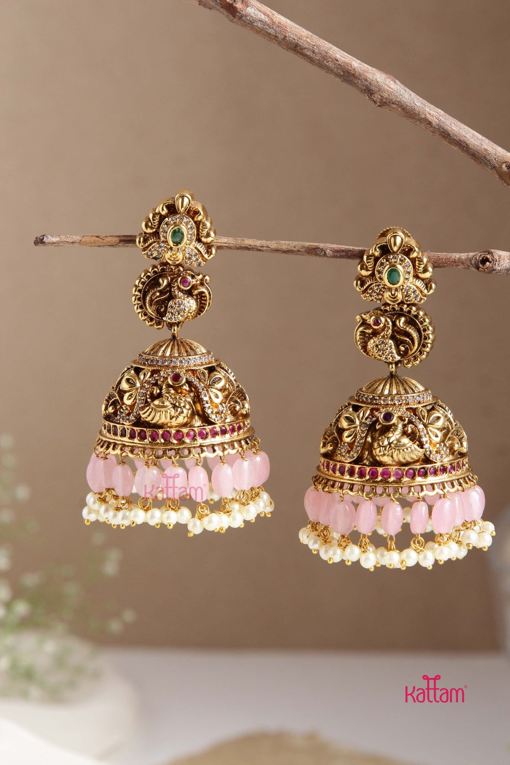 Aadhavai - Antique Pink Bead Jhumka - E778