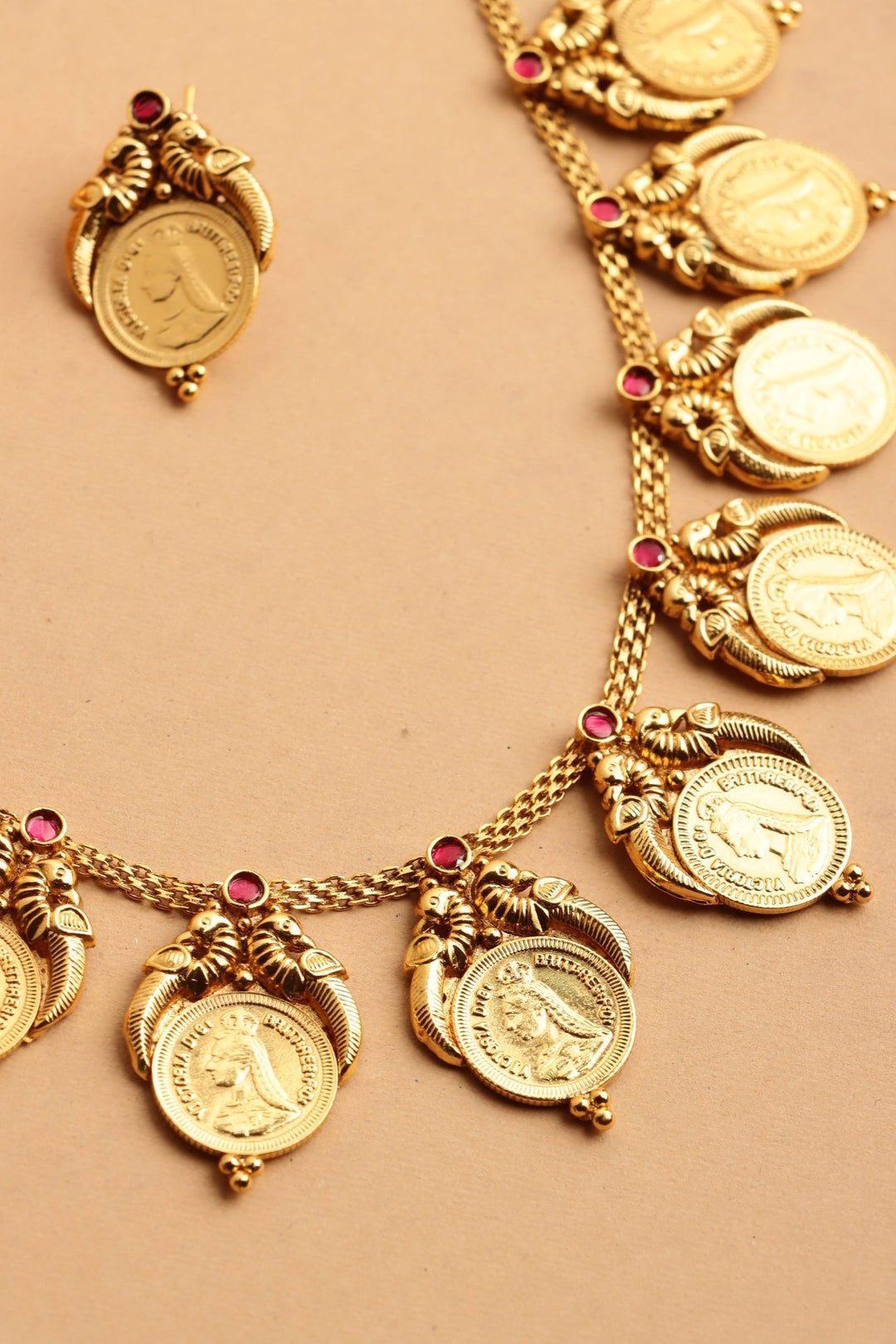 Aaru - Peacock Victorian Queen Coin Ruby Necklace - N4107