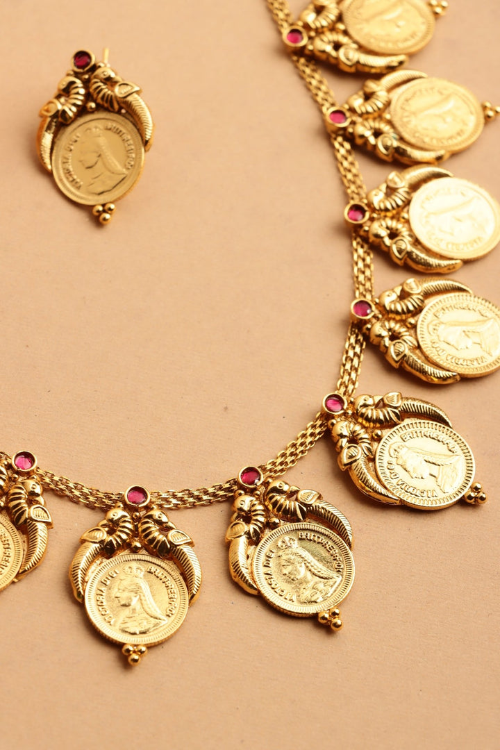 Aaru - Peacock Victorian Queen Coin Ruby Necklace - N4107