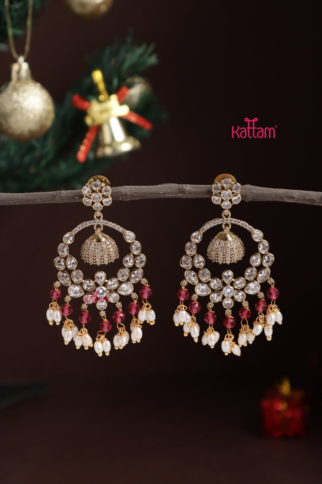 AD Chandbali Pearl Drops Earring - Ruby - E1312