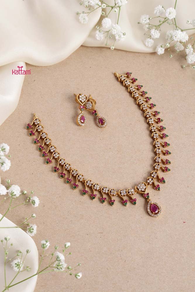 AD Flower Multi Stone Drop Necklace - N2557