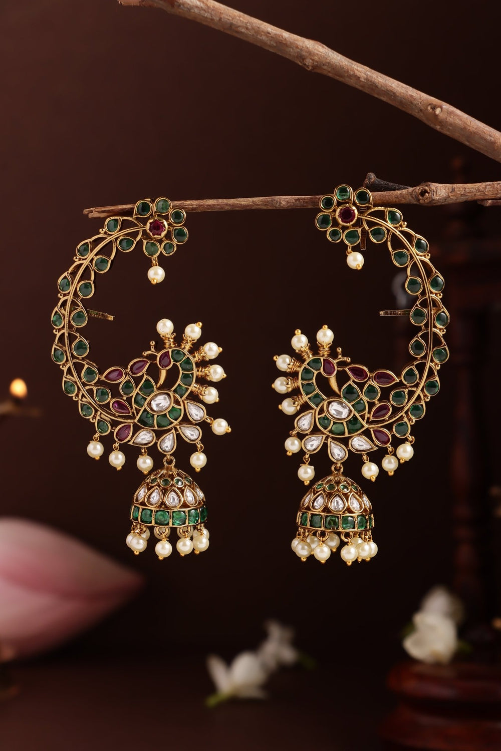 AD Green Leafy Peacock Earcuff Jhumka - E1284