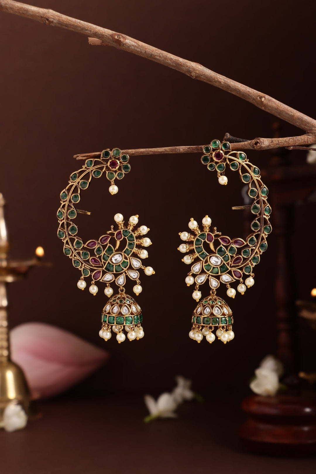 AD Green Leafy Peacock Earcuff Jhumka - E1284