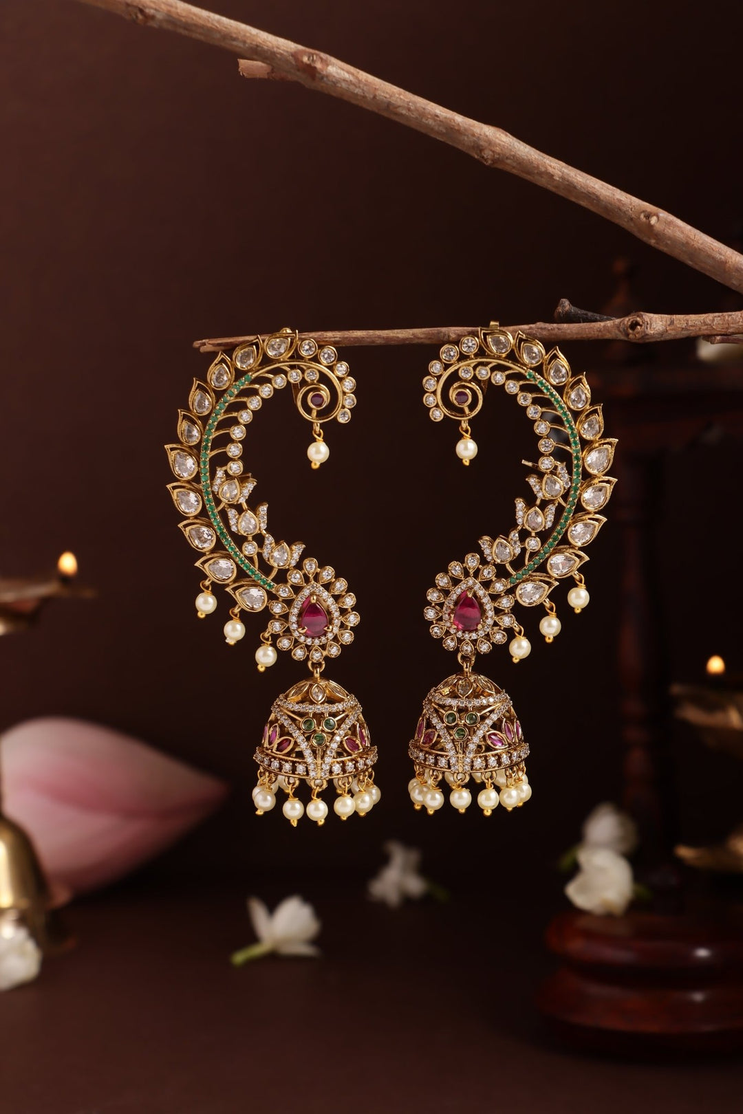 AD Leafy Peacock Earcuff Jhumka - E1283