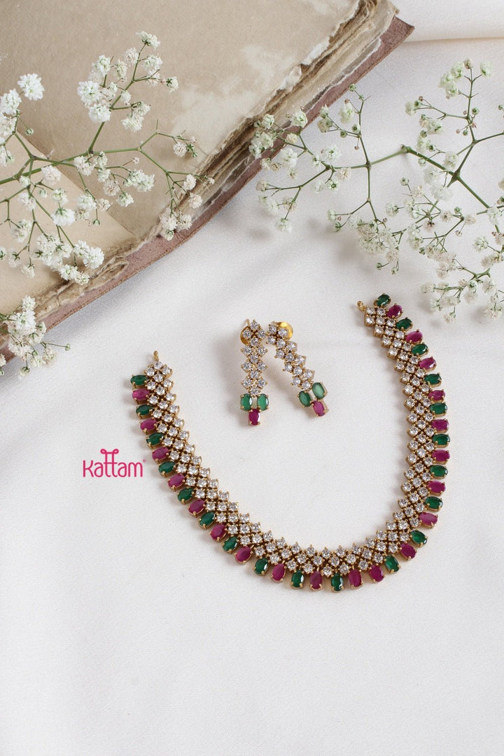 AD Patterned Ruby Green Stone Choker - N2308