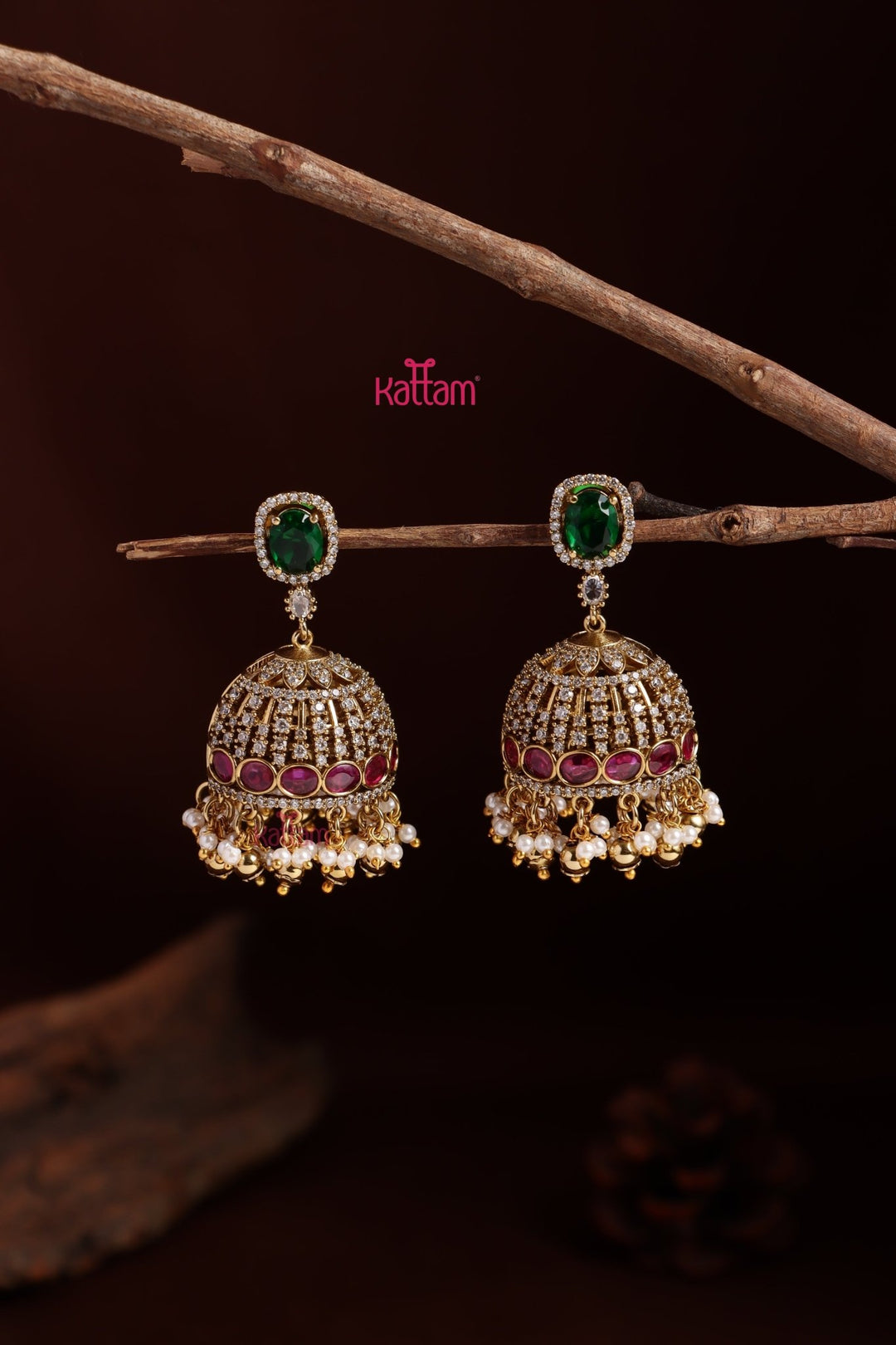 AD Patterned Stone Jhumka - E1110