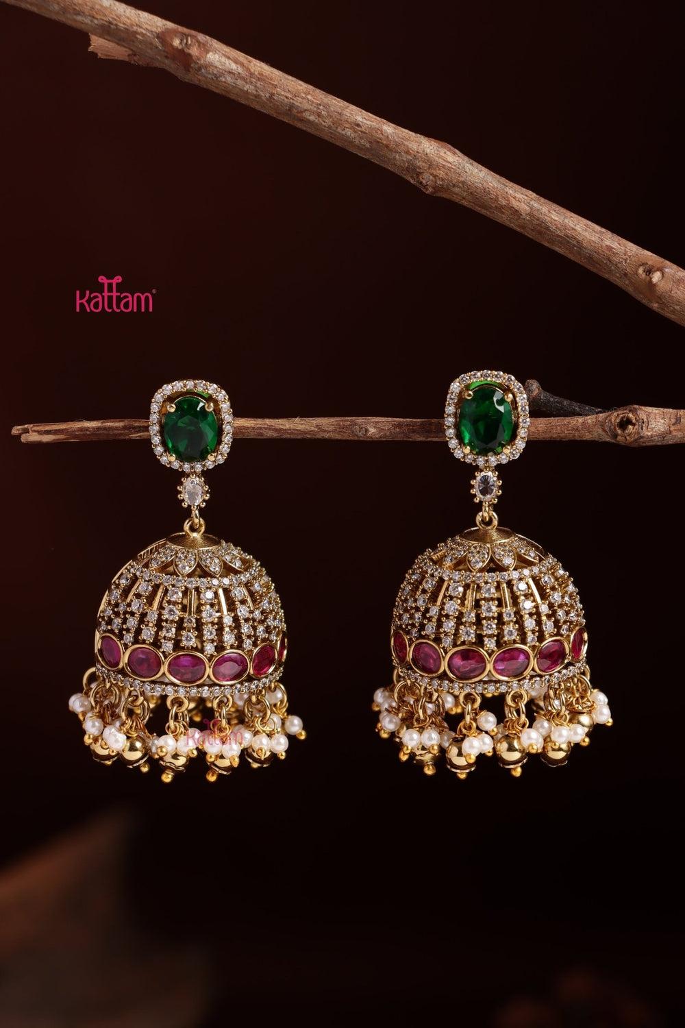 AD Patterned Stone Jhumka - E1110