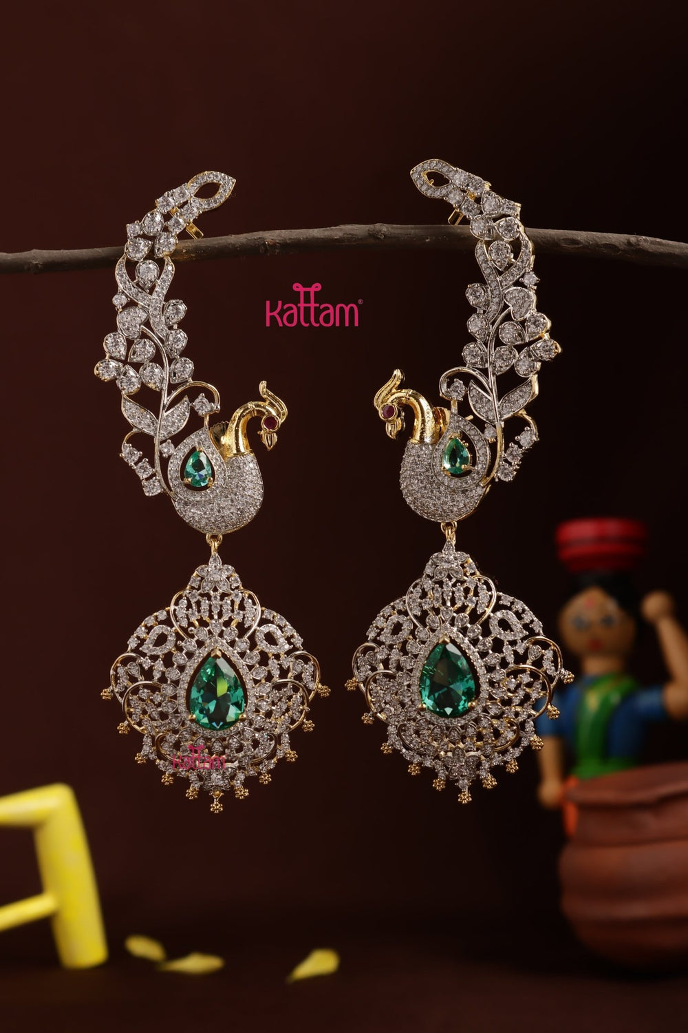 AD Peacock Floral Earcuff Bridal Jhumka - E1326