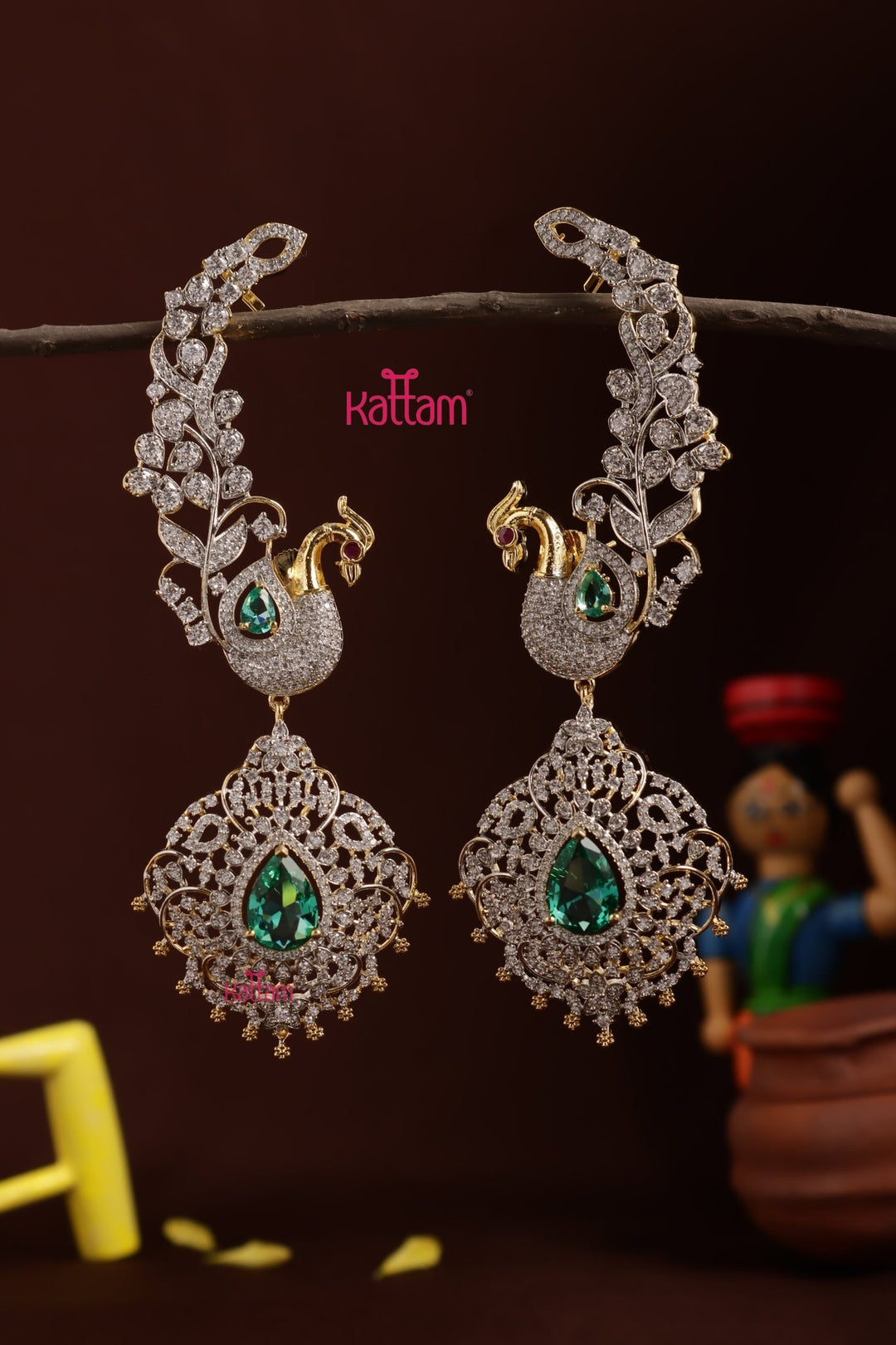 AD Peacock Floral Earcuff Bridal Jhumka - E1326