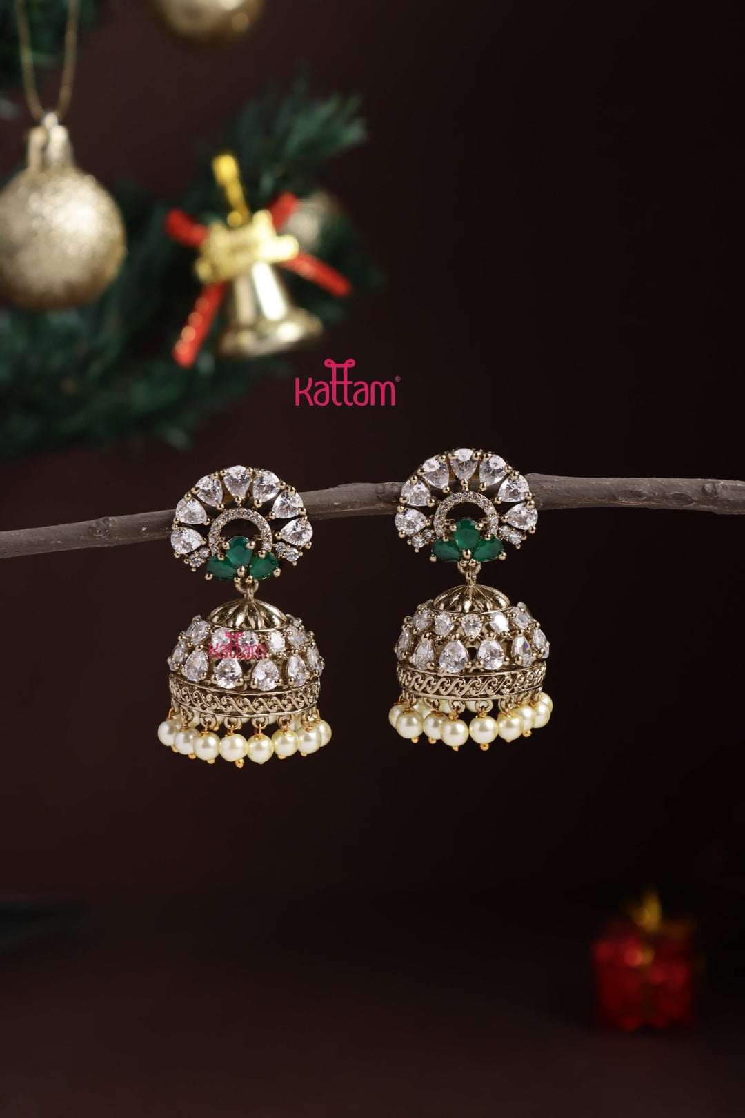 AD Pearl Jhumka - Green - E1309