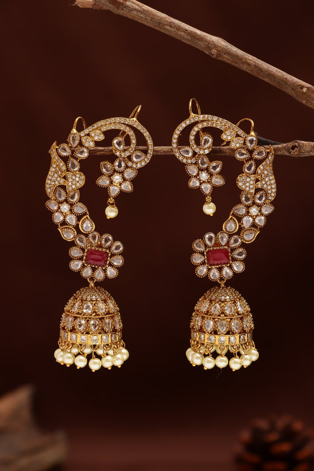 AD Stone Flower Ruby Jhumka - E1216