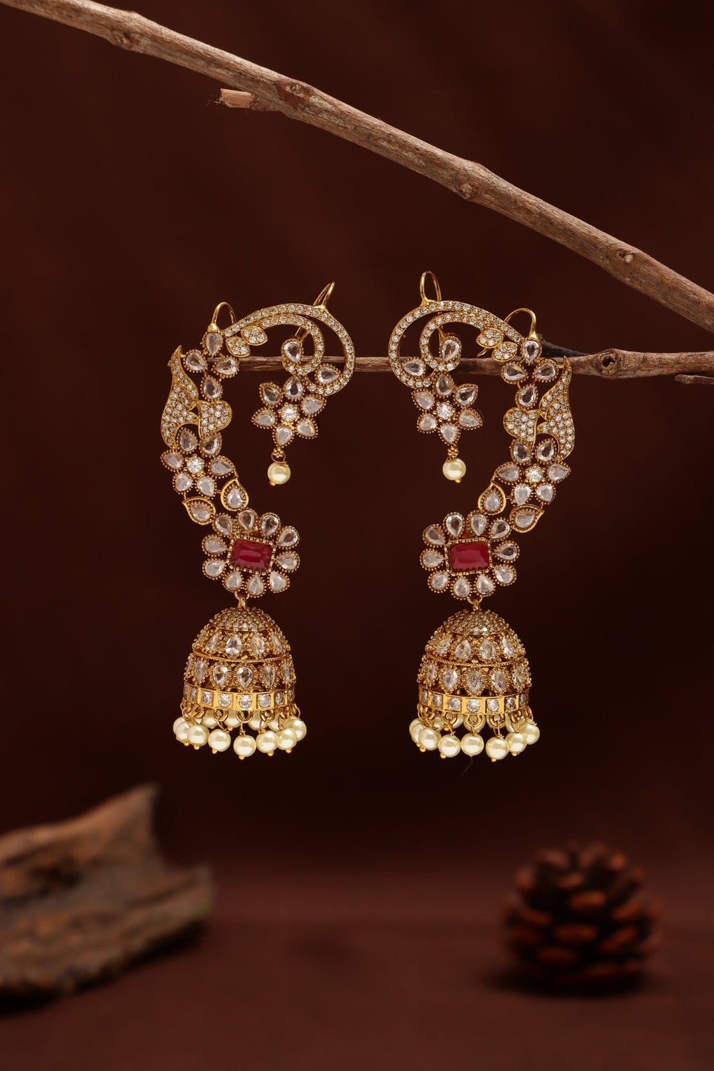 AD Stone Flower Ruby Jhumka - E1216