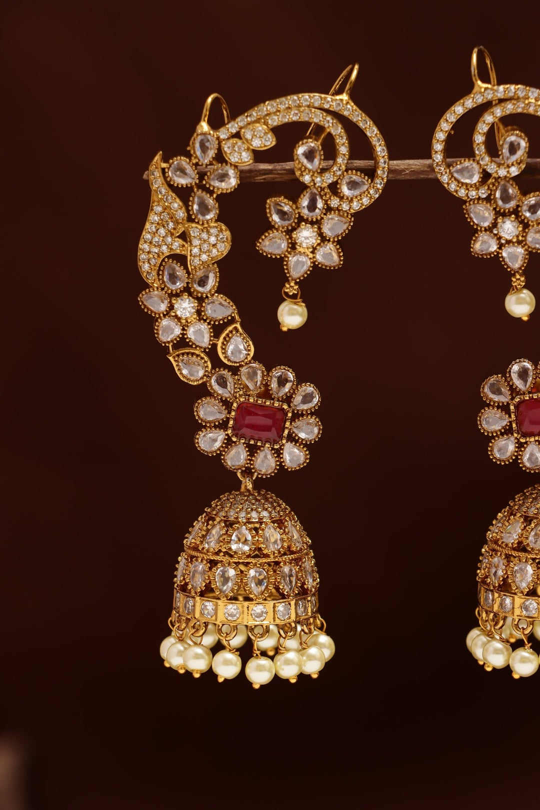 AD Stone Flower Ruby Jhumka - E1216