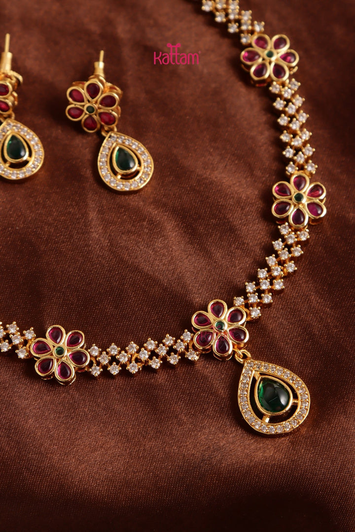 AD Stone Ruby Multi Flower Necklace - N5187