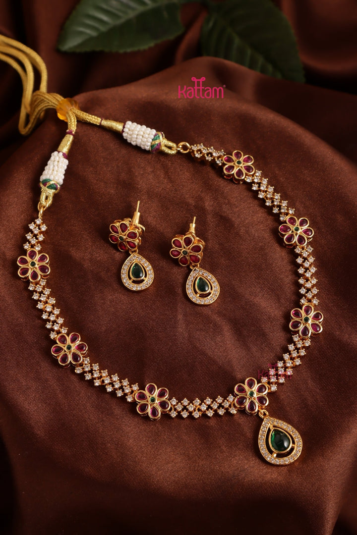 AD Stone Ruby Multi Flower Necklace - N5187