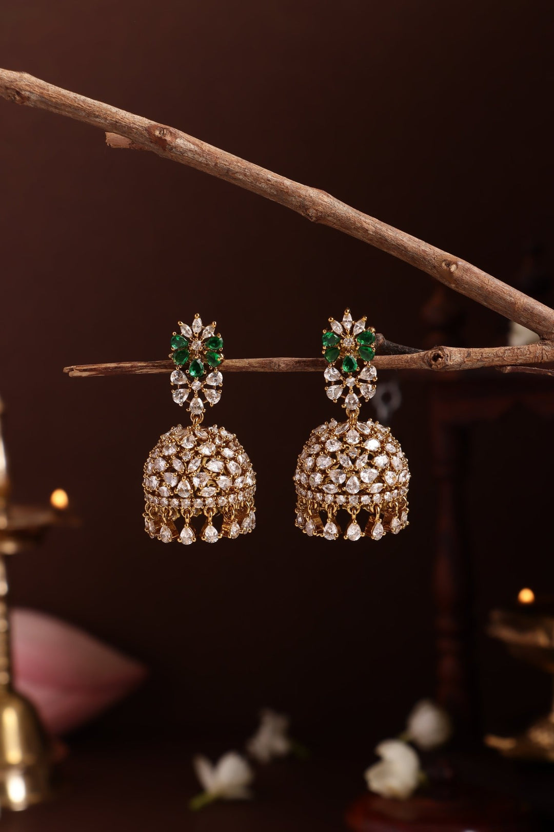 AD White Green Stone Pearl Jhumka - E1287