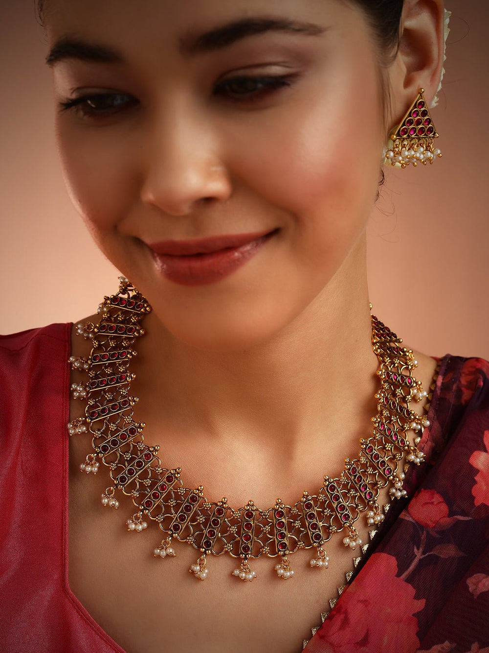 Adhanya - Ruby Stone Pearl Choker - N2286