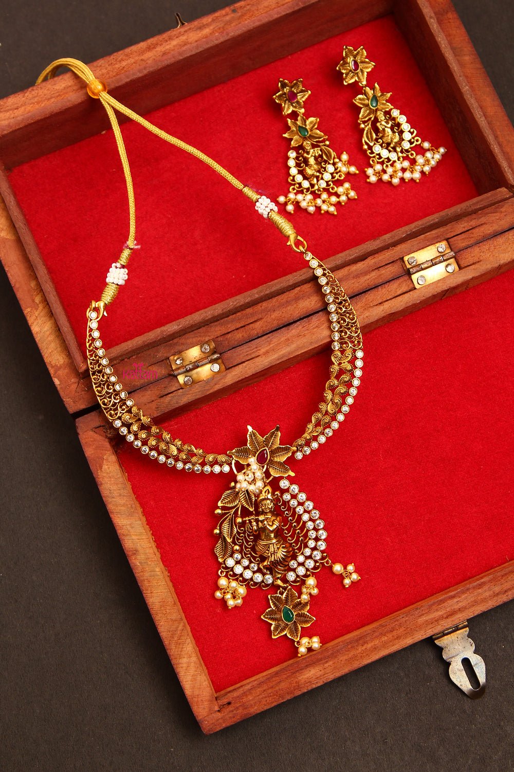Antique Finish Krishna Pendant Short Necklace Set - N755