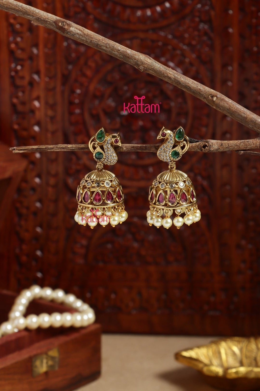 Arunya - Multistone Peacock Pearl Jhumka - E1195