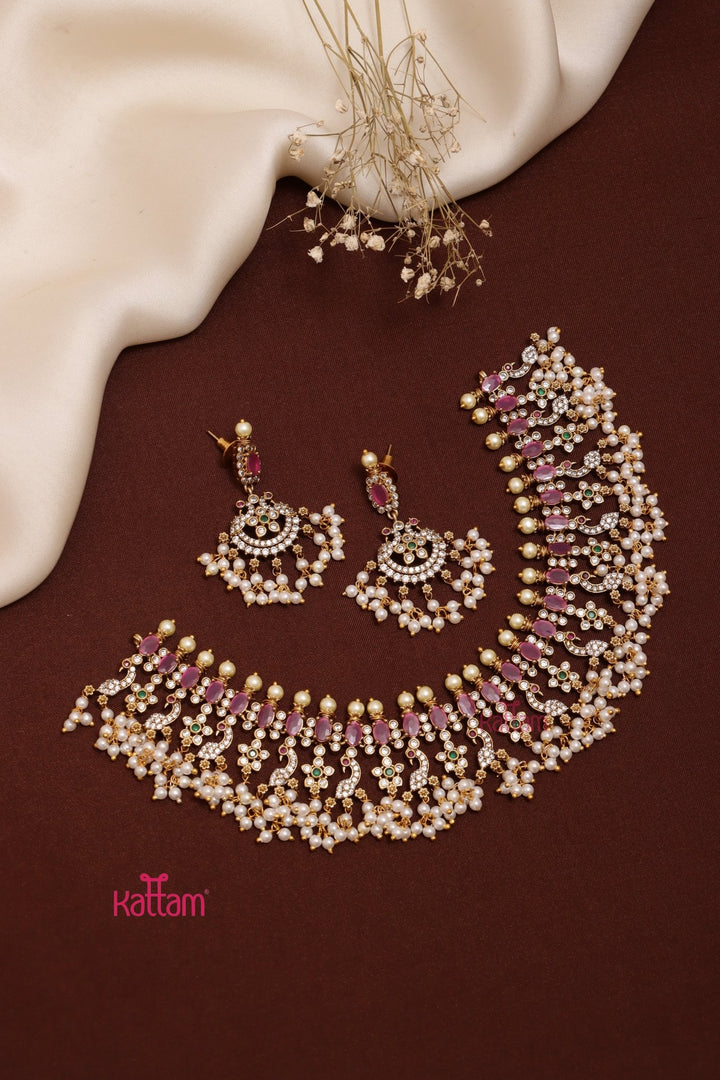 Ayushka - Peacock Ruby Pearl Choker - N3630