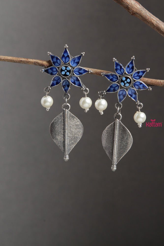 Blue Flower Leaf Drop Earrings - E361