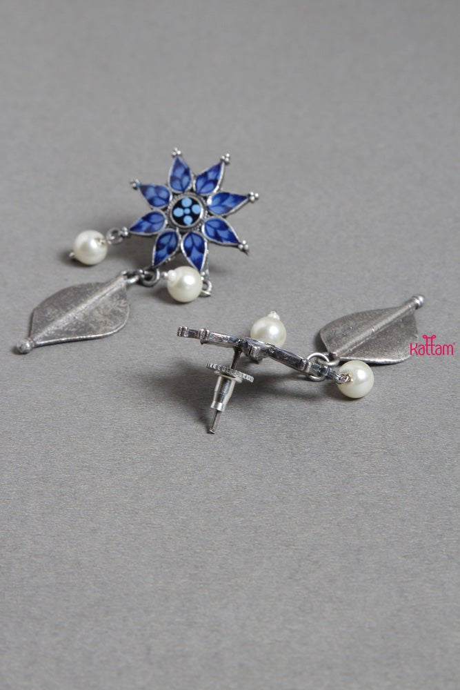 Blue Flower Leaf Drop Earrings