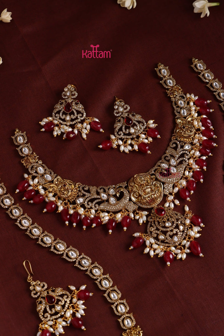 Chaithali - AD Goddess Maroon Necklace & Haram Set - N3418