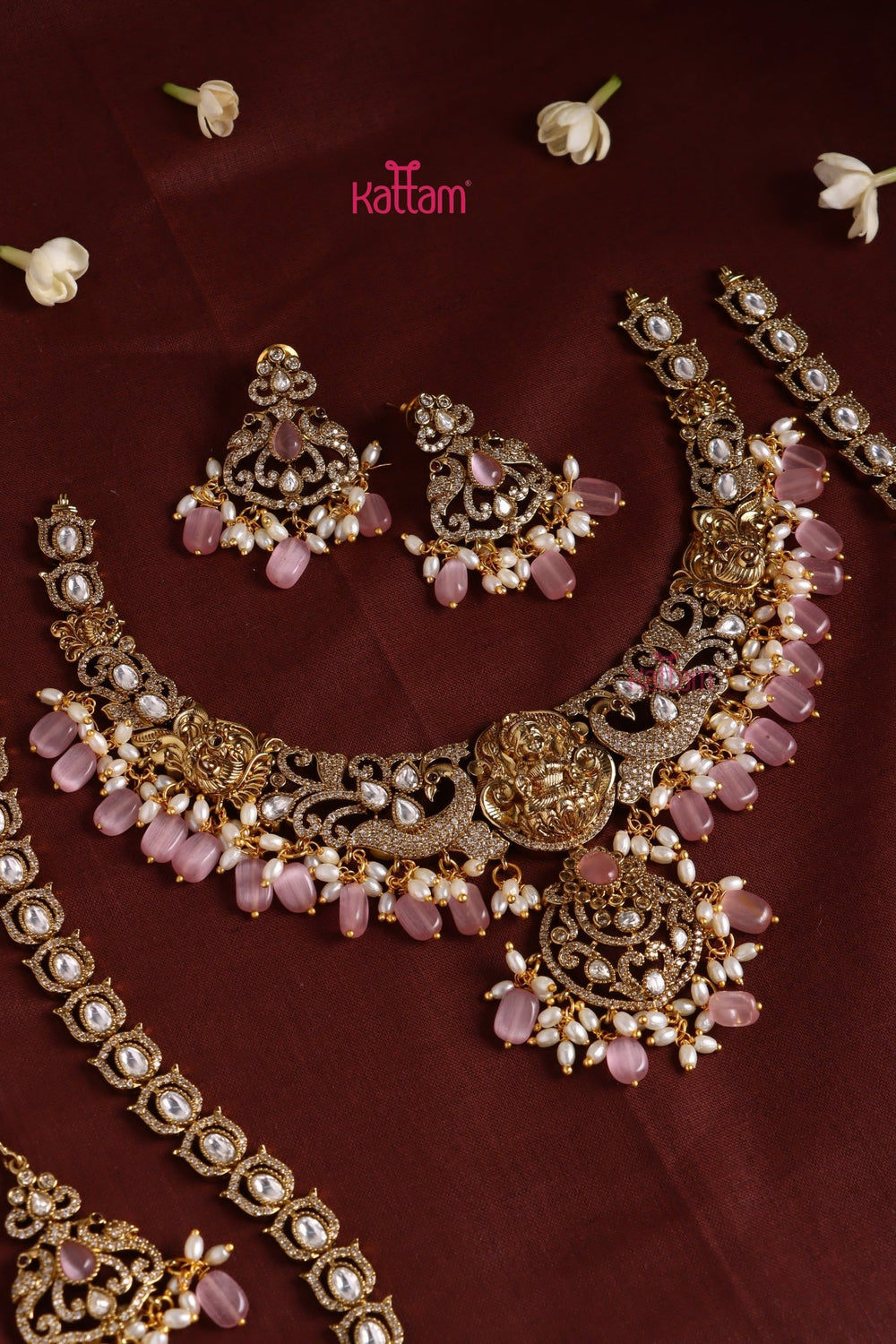 Chaithali - AD Goddess Pastelpink Necklace & Haram Set - N3419