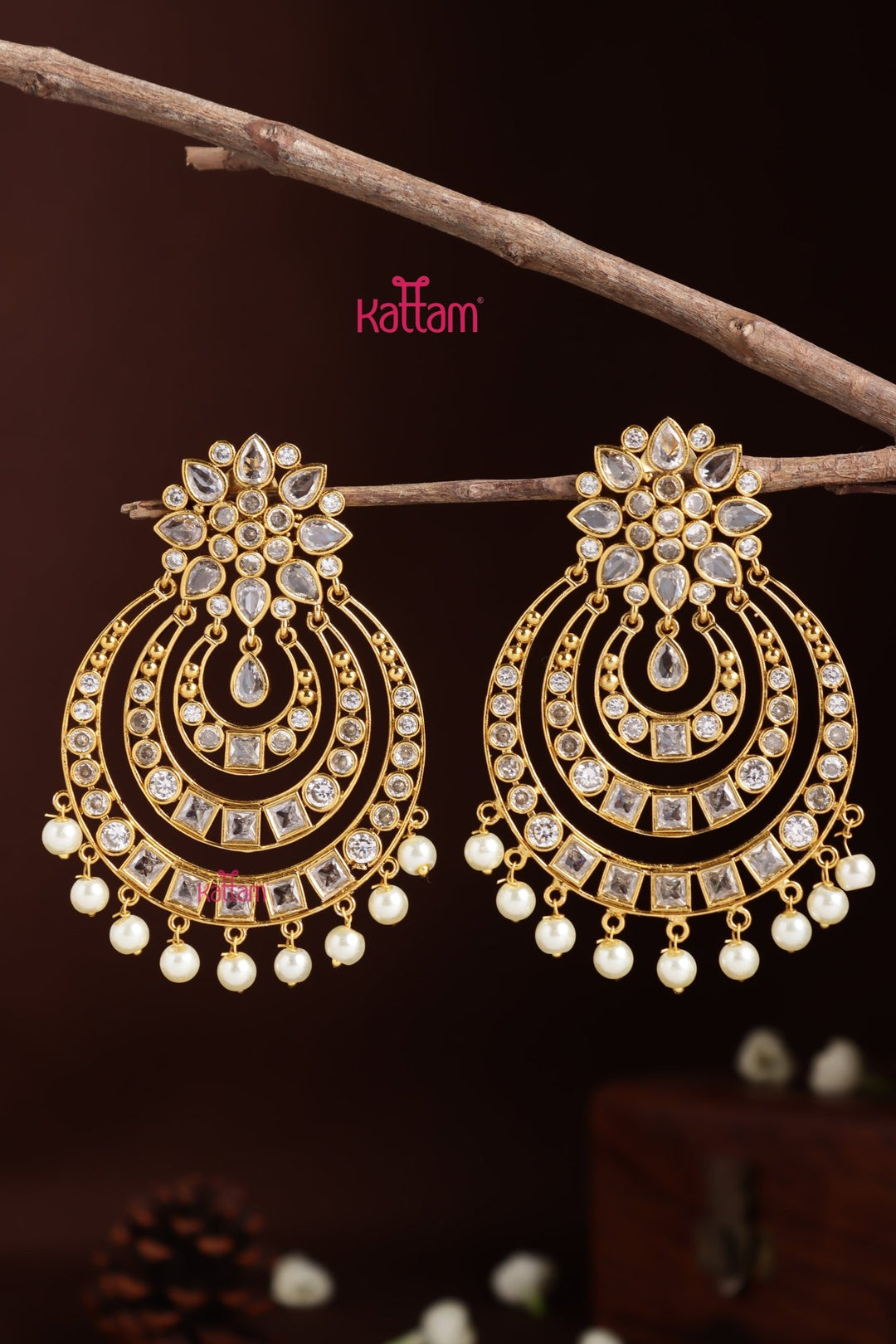 Chandbali Flower Earring - White - E1401