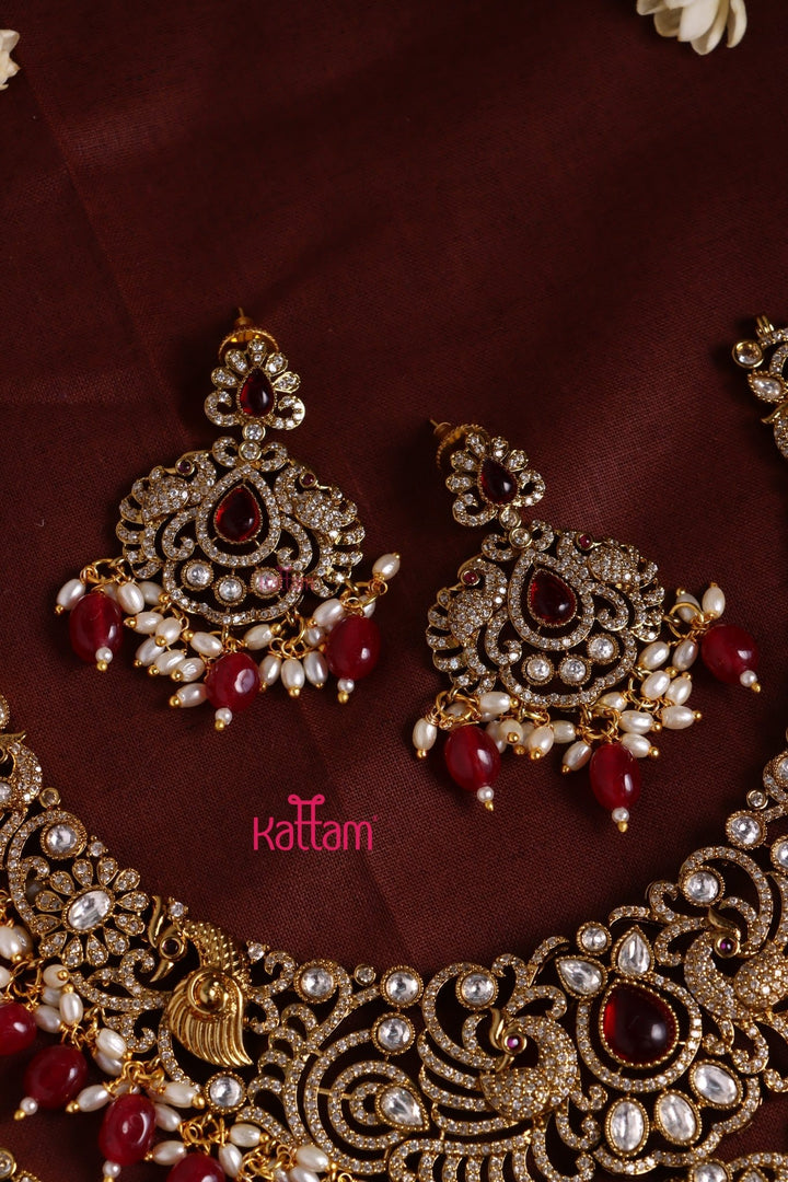 Chinthiya - Peacock Maroon Bridal Necklace & Haram Set - N3482
