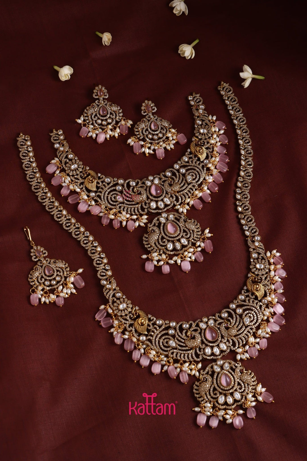 Chinthiya - Peacock Pastelpink Bridal Necklace & Haram Set - N3483