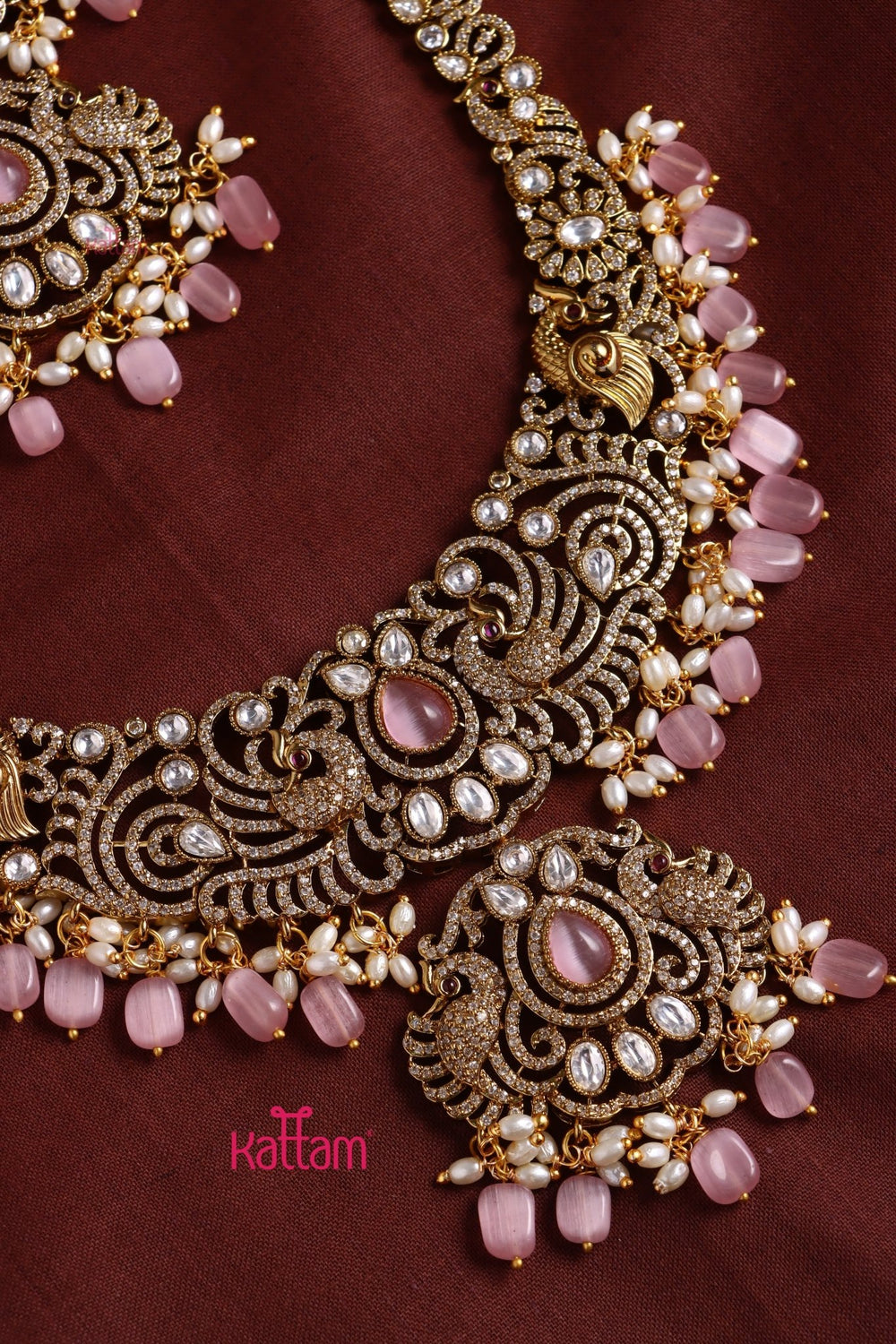 Chinthiya - Peacock Pastelpink Bridal Necklace & Haram Set - N3483
